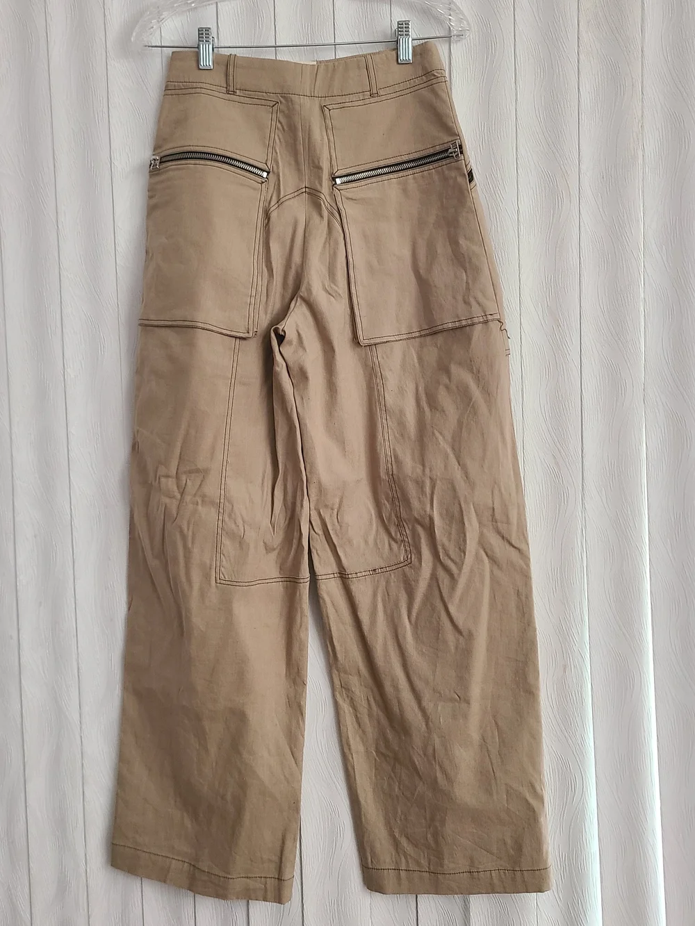 Zara Sz S Beige Exposed Zipper Pockets Wide Leg Casual Linen Blend Neutral Pant